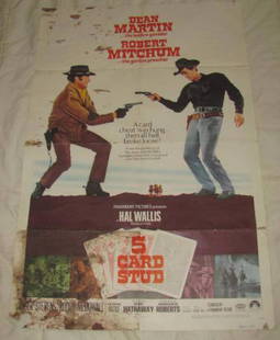 5 CARD STUD DEAN MARTIN POSTER: This Movie Poster is approx. 27" x 41" Has creases from being folded when stored. This has a lot of stains on bottom right and some stains through out. Has tears and a piece missing in bottom left