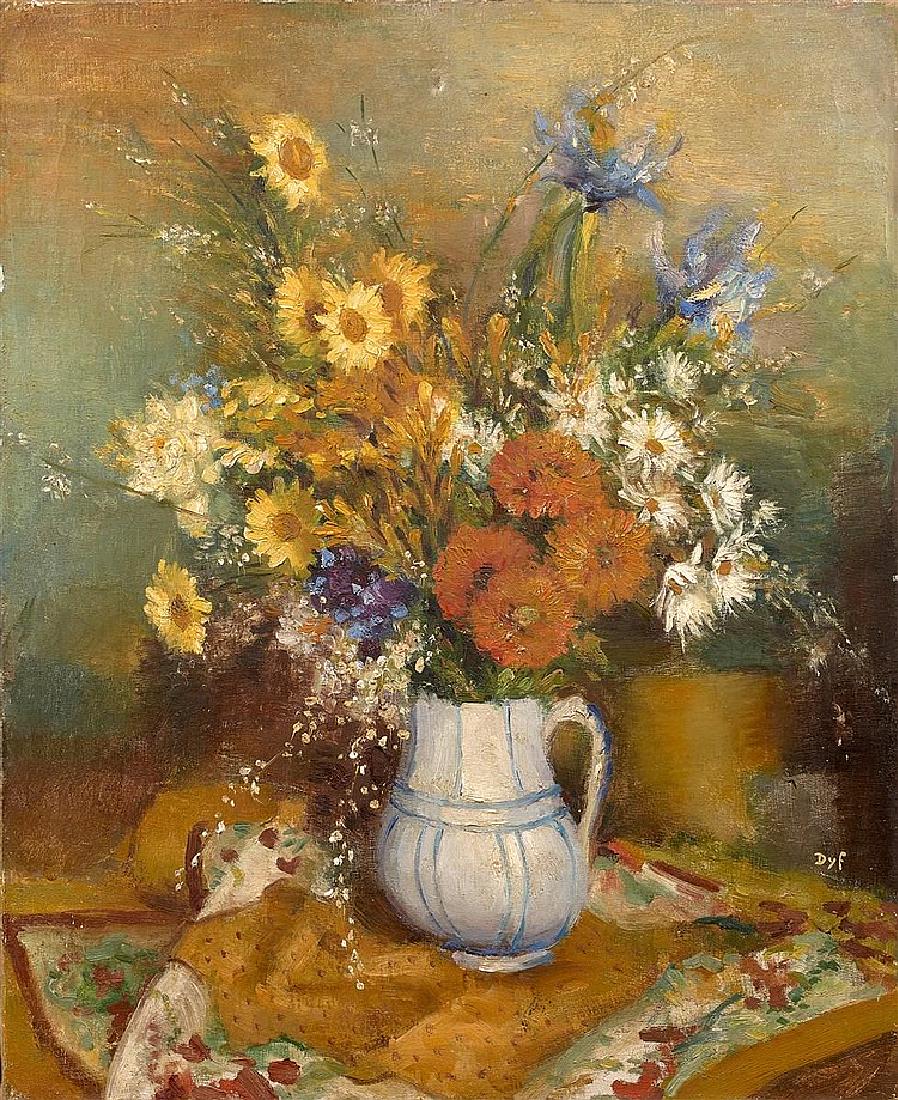 Marcel Dyf 1899-1985 (French): **Marcel Dyf 1899-1985 (French) Quatre soucis et deux iris, c.1930 oil on canvas 73 x 60 cm (28 x 23 in.) signed lower right Other Notes: Claudine Dyf has kindly confirmed the authenticity of this wor