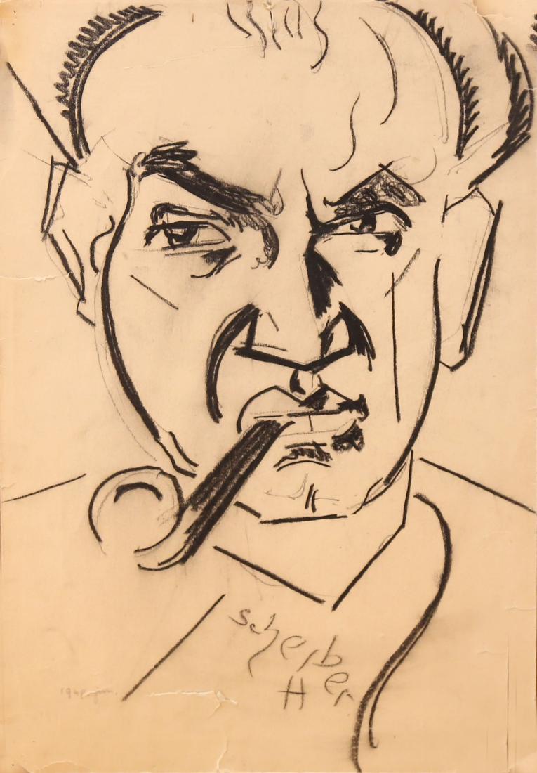 Hugo Scheiber 1873-1950 (Hungarian): **Hugo Scheiber 1873-1950 (Hungarian) Portrait of a man with pipe, 1948 (another portrait verso) charcoal on paper 44 x 30 cm (17 x 12 in.) signed lower center and dated lower left Other Notes: Locati
