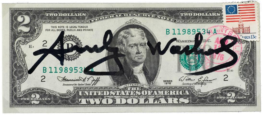 Andy Warhol 1928-1987 (American): ** Andy Warhol 1928-1987 (American) Two dollar bill, Jefferson mixed media on two US dollars bill 15Â½ x 7 cm (6 x 3 in.) signed in center Other Notes: Location: Israel. For estimated delivery time