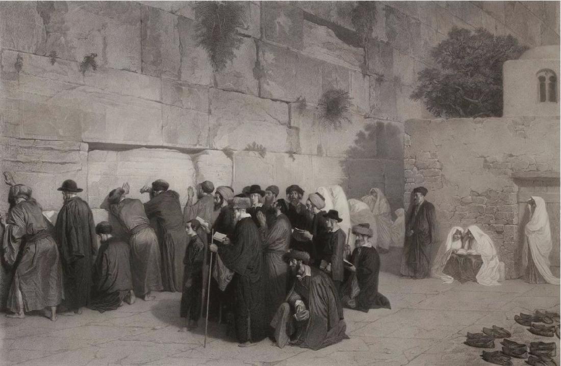 Alexandre Bida 1813-1895 (Israeli): **Alexandre Bida 1813-1895 (Israeli) Les Juifs devant le mur de Salomon, c.1890 engraving on Chinese paper, Jules-Adolphe Chauvet 73 x 97 cm (28 x 38 in.) Other Notes: After the original drawing in th