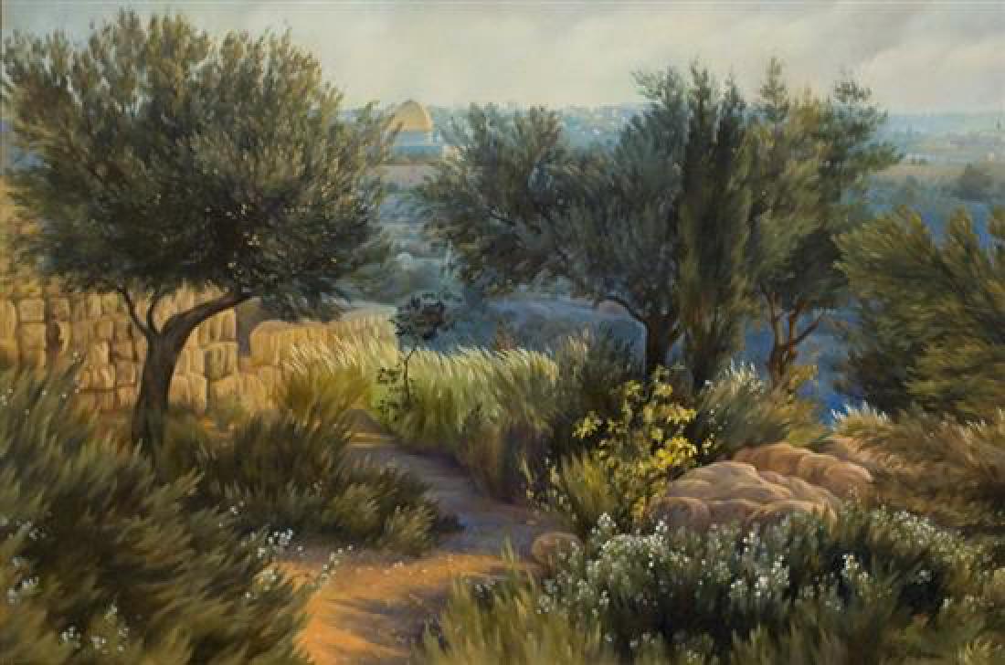 Elena Adam b. 1973 (Ukranian/Israeli) Olive trees: Elena Adam b. 1973 (Ukranian/Israeli) Olive trees overlooking Jerusalem oil on canvas 50 x 70 cm (20 x 27 in.) signed lower right Other Notes: Location: Israel. For estimated delivery time please cont