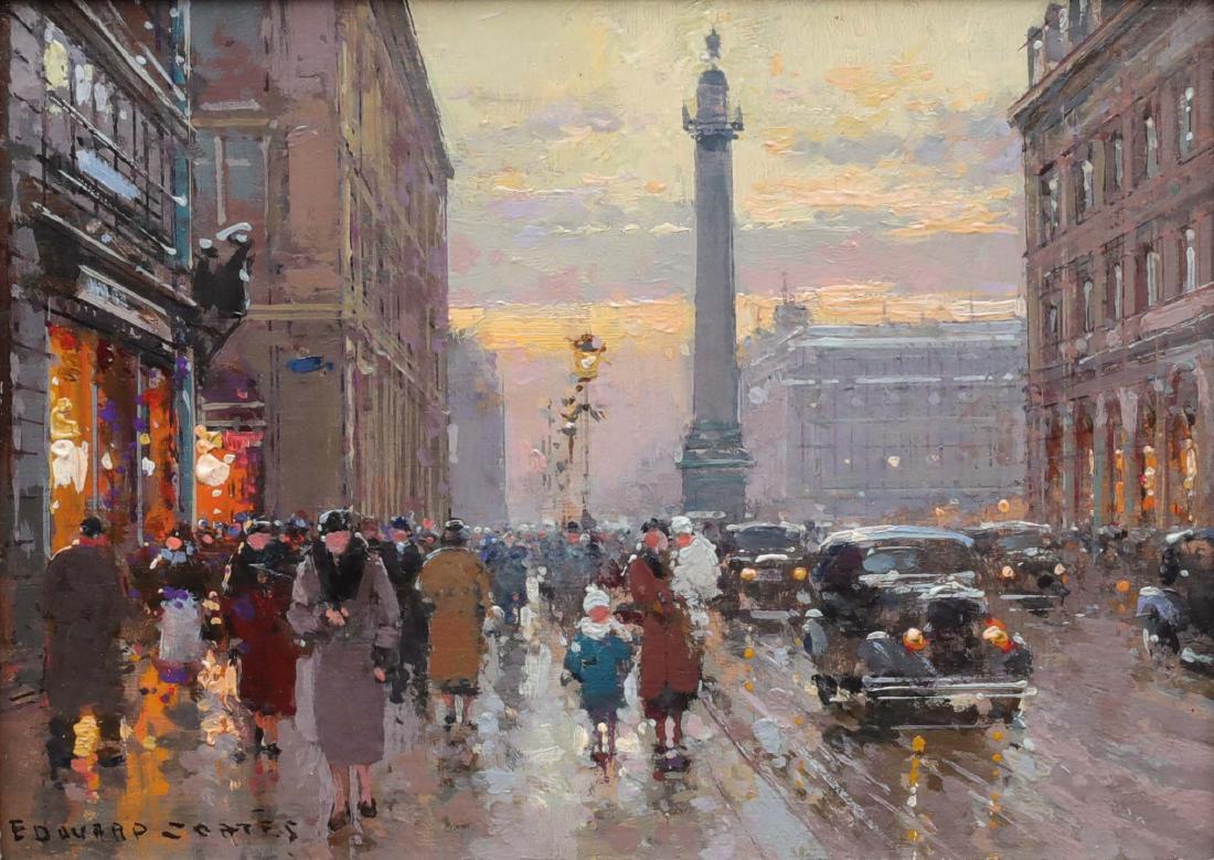 Edouard Cortes 1882-1969 (French) Parisian street scene: **Edouard Cortes 1882-1969 (French) Parisian street scene oil on panel 16 x 22 cm (6 x 9 in.) signed lower left Provenance: Anon.sale, Sotheby's, New York, October 26, 2004, lot 192. Anon.sale, Lyon &
