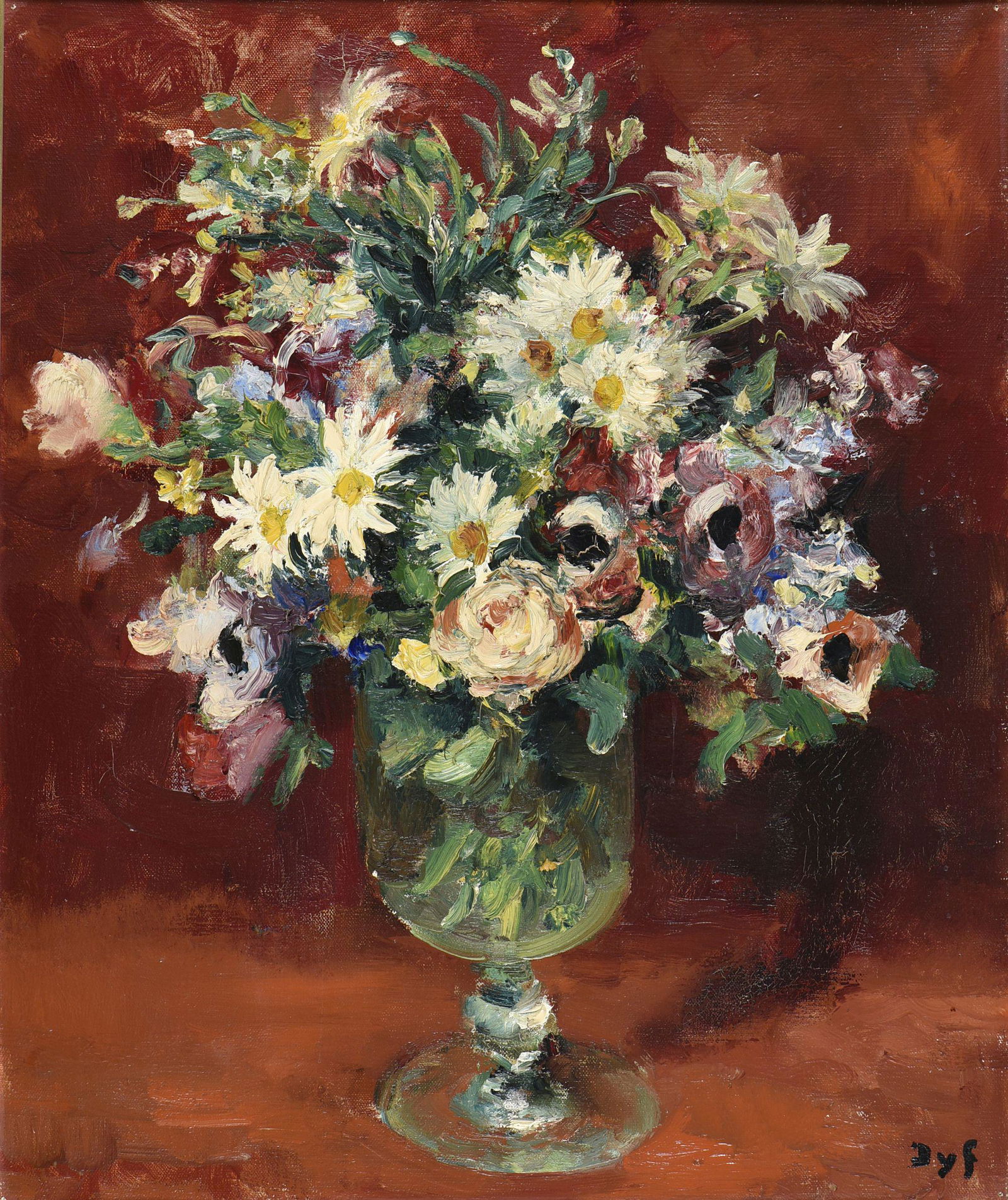 Marcel Dyf 1899-1985 (French) Bouquet de fleurs sur: Marcel Dyf 1899-1985 (French) Bouquet de fleurs sur fond rouge oil on canvas 55 x 46 cm (21 x 18 in.) signed lower right Other Notes: Location: Israel. For estimated delivery time please contact us. C