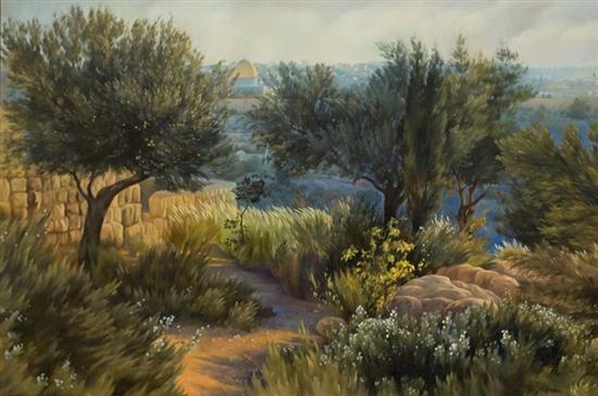 Elena Adam b. 1973 (Ukranian/Israeli) Olive trees: Elena Adam b. 1973 (Ukranian/Israeli) Olive trees overlooking Jerusalem oil on canvas 50 x 70 cm (20 x 27 in.) signed lower right Other Notes: Location: Israel. For estimated delivery time please cont