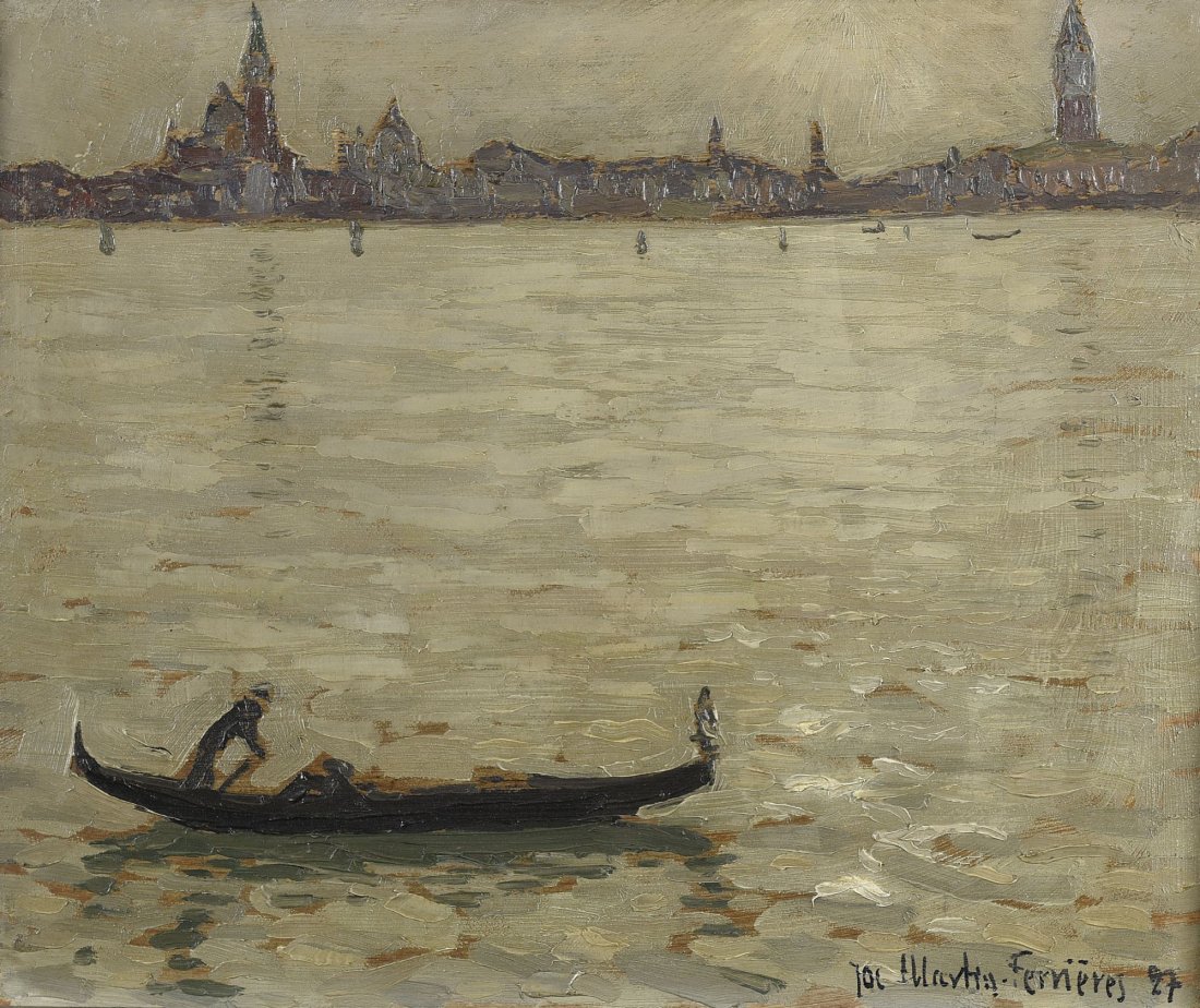 Jacques Martin-Ferrieres 1893-1972 (French) Gondola in: ** Jacques Martin-Ferrieres 1893-1972 (French) Gondola in Venice, 1927 oil on panel 38 x 45 cm (15 x 18 in.) signed and dated lower right Other Notes: Location: Israel. For estimated delivery time ple