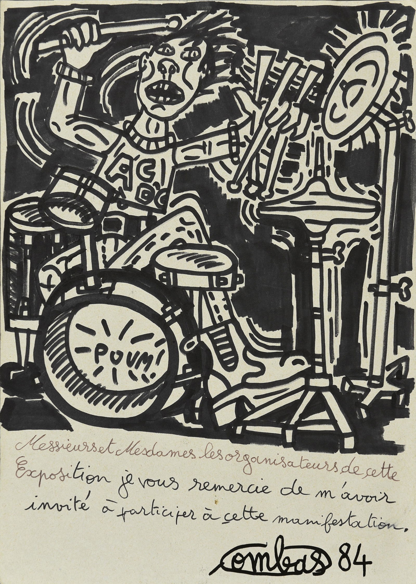 Robert Combas b.1957 (French) Le batteur de rock, 1984: ** Robert Combasb.1957 (French)Le batteur de rock, 1984Felt-tip drawing35½ x 25.30 cm (14 x 10 in.) Signed and dated lower rightOther Notes: Location: Europe.For estimated delivery time please