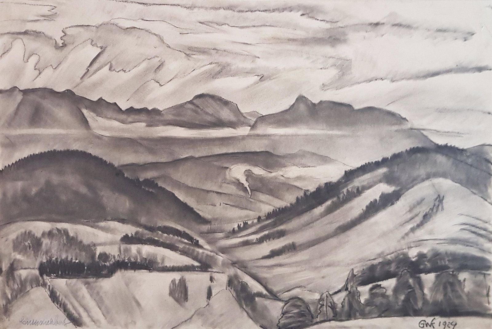 Greta Wolf Krakauer 1890-1970 (Austrian, Israeli): Greta Wolf Krakauer1890-1970 (Austrian, Israeli)Landscape, 1924charcoal on cardboard32 x 48 cm (12 x 19 in.) signed and dated lower rightProvenance: Artist's estate, numbered 1048.Other Notes: Locatio