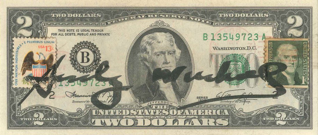 Andy Warhol 1928-1987 (American): Andy Warhol1928-1987 (American)Two dollars bill, Thomas Jefferson, c.1975-1980black marker on two dollars bill7 x 16 cm (3 x 6 in.) signed in the center and stamped twice with signature stamp on the r