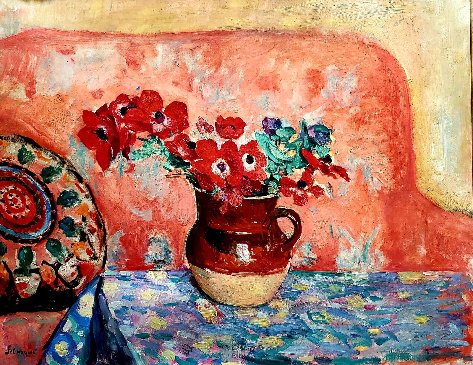 Henri Lebasque 1865-1937 (French) Pichet d'anemones oil: ** Henri Lebasque1865-1937 (French)Pichet d'anemonesoil on canvas58 x 72 cm (23 x 28 in.) signed lower leftProvenance: Sale: A.Bellier, Paris, October 21, 1954, lot 116.Sale: Renaud, Paris, June 5, 19