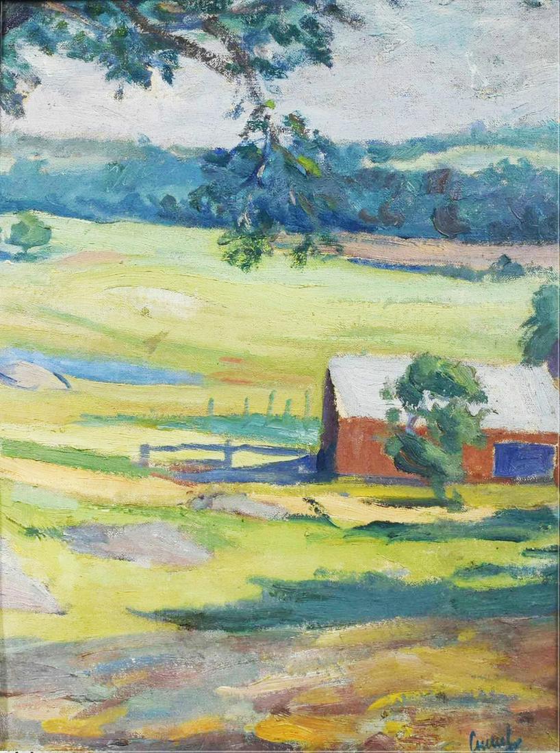 Edward Cucuel 1875-1954 (American) Farm Landscape , c.: ** Edward Cucuel1875-1954 (American)Farm Landscape , c. 1920oil on canvas40x30 cmsigned lower rightOther Notes: Location: Israel.For estimated delivery time please contact us.Condition report availabl