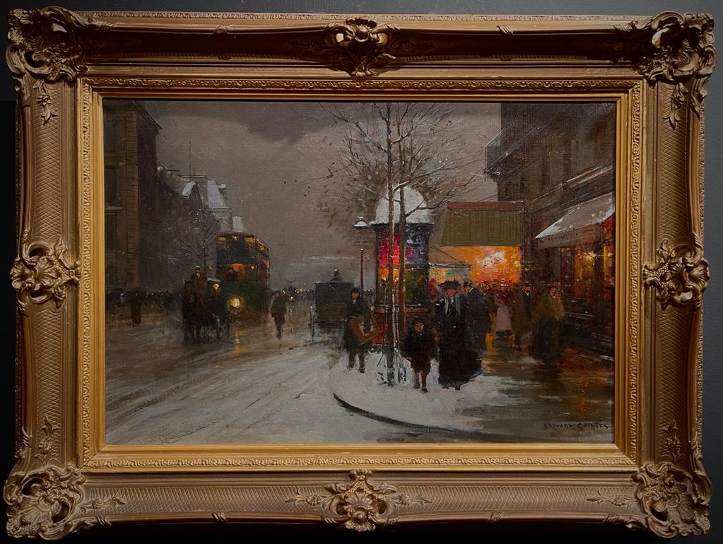 Edouard Cortes 1882-1969 (French) Snow evening, Magenta: ** Edouard Cortes1882-1969 (French)Snow evening, Magenta Boulevardoil on canvas38x55 cmsigned lower rightProvenance: Private collection, Switzerland.Other Notes: Location: Israel.For estimated deliver