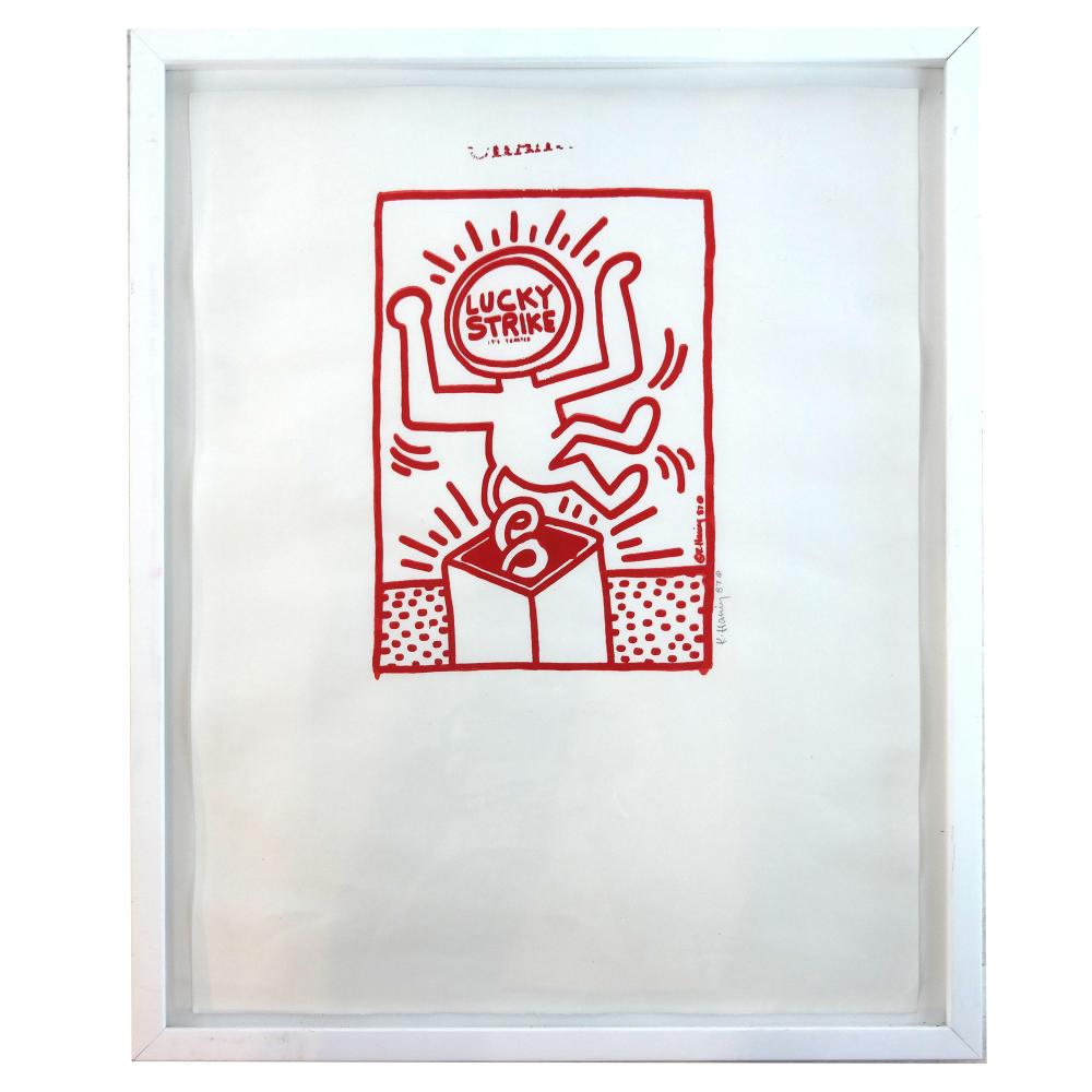 Keith Haring 1958-1990 (American) Lucky Strike, 1987: **Keith Haring1958-1990 (American)Lucky Strike, 1987silkscreen in red ink on paper53x43 cmsigned and dated in pencilsigned and dated lower rightOther Notes: Location: USA.For estimated delivery time p
