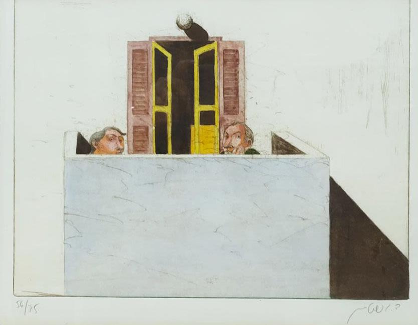 David Gerstein b.1944 (Israeli) Two figures on the: David Gersteinb.1944 (Israeli)Two figures on the balcony of the houselithograph30x40 cmsigned in pencil and numbered '56/75'Other Notes: Location: Israel.For estimated delivery time please contact us.