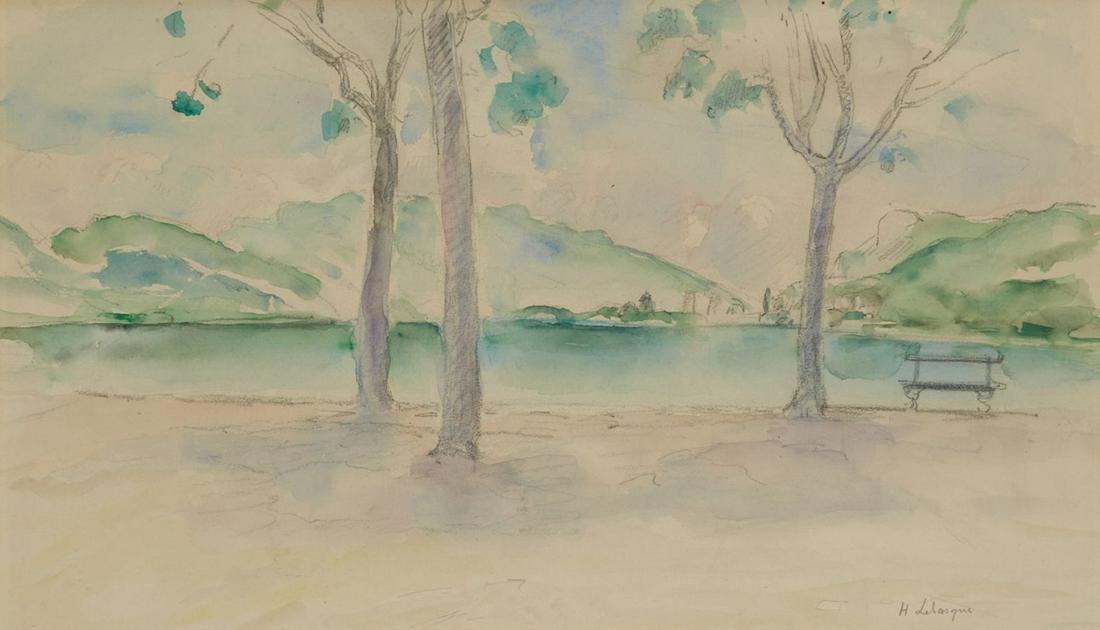 Henri Lebasque 1865-1937 (French) Arbres au bord du lac: ** Henri Lebasque1865-1937 (French)Arbres au bord du lacwatercolor on paper26x45.50 cmsigned lower rightProvenance: (label of the Gallery J. The Chaplain on the reverse).Other Notes: Location: Europe.
