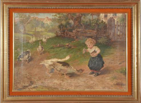 L. RETTING (end of the 19th century) Child feeding geese, 1893 oil on canvas (1 of 1)