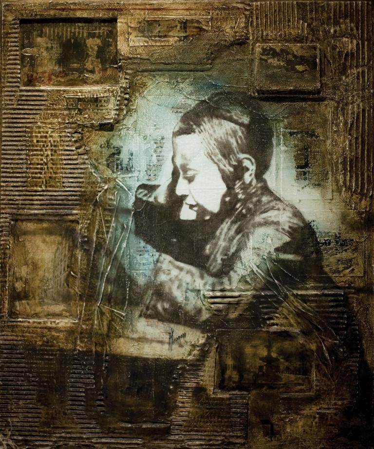 Alain Kleinmann b.1953 (French) Hassidic boy learning oil and mixed media on canvas (1 of 1)