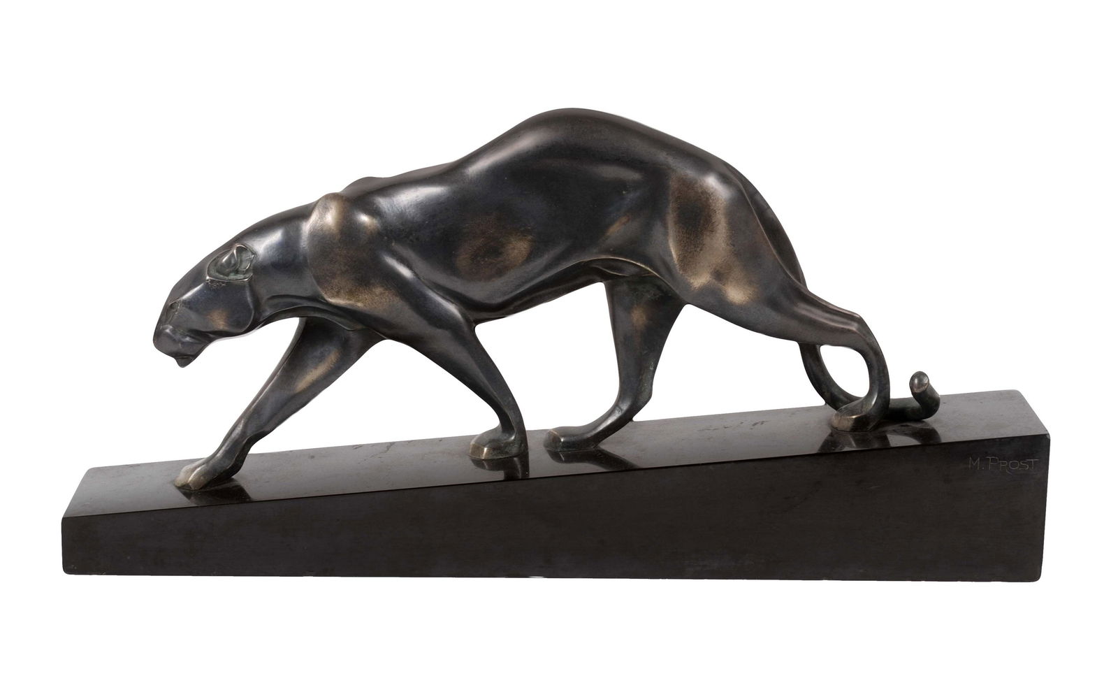 Maurice Prost 1894-1967 (French) Black panther, c.1928 bronze with silver patina on black marble: ** Maurice Prost1894-1967 (French)Black panther, c.1928bronze with silver patina on black marble base / sculpture31x65x11 cmsigned and stamped by 'Susse Freres et Editeurs Paris' stamp on the baseLite