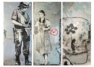 attributed to Banksy (England-based street artist) Stop and Search graffiti on 3 garaz doors from