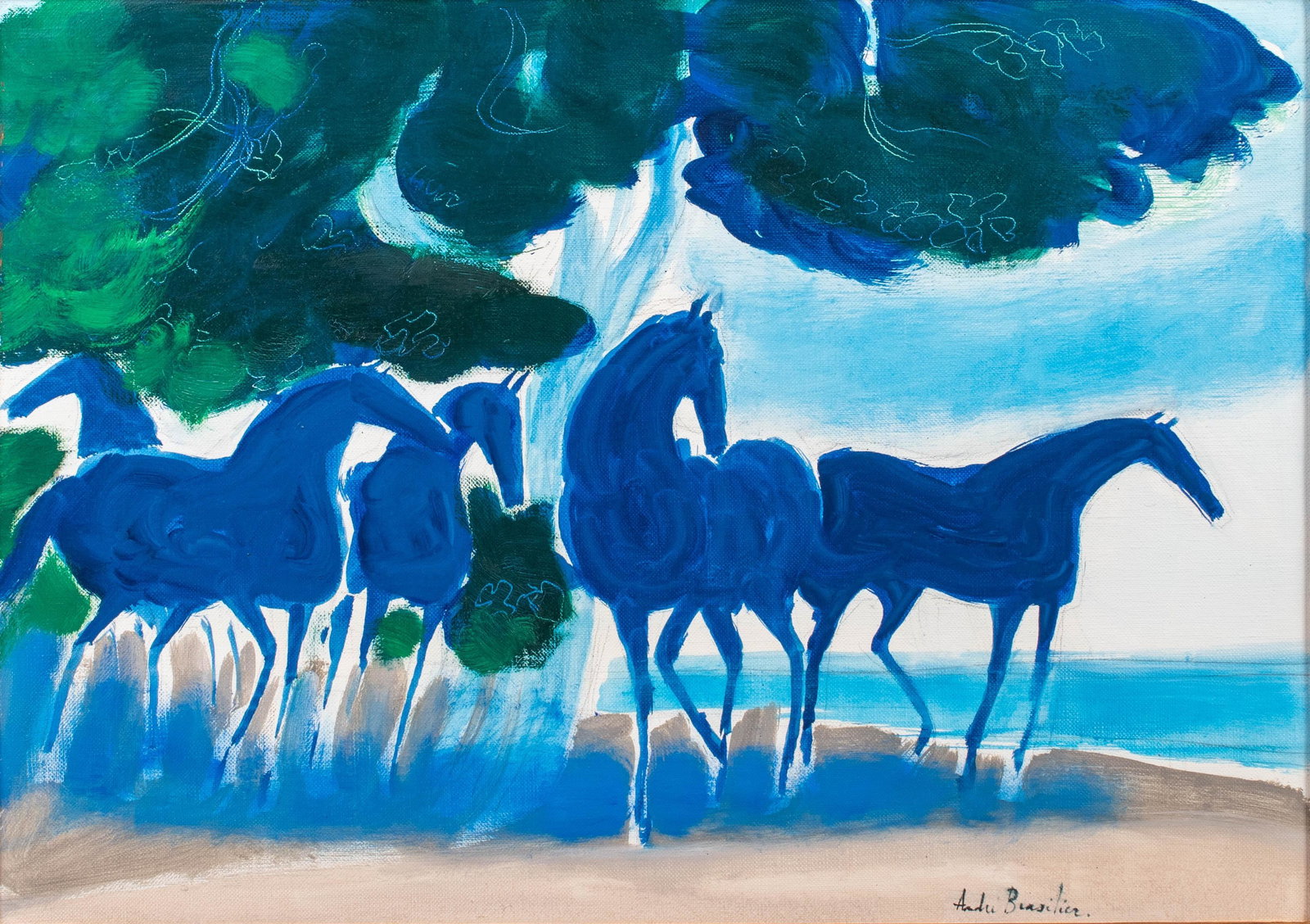 Andre Brasilier b.1929 (French) Horses in a fig tree oil on canvas: ** Andre Brasilierb.1929 (French)Horses in a fig treeoil on canvas46.40x65 cmsigned lower right, initialed and titled on stretcherProvenance: Purchased from the Soufer Gallery New York (label on the r