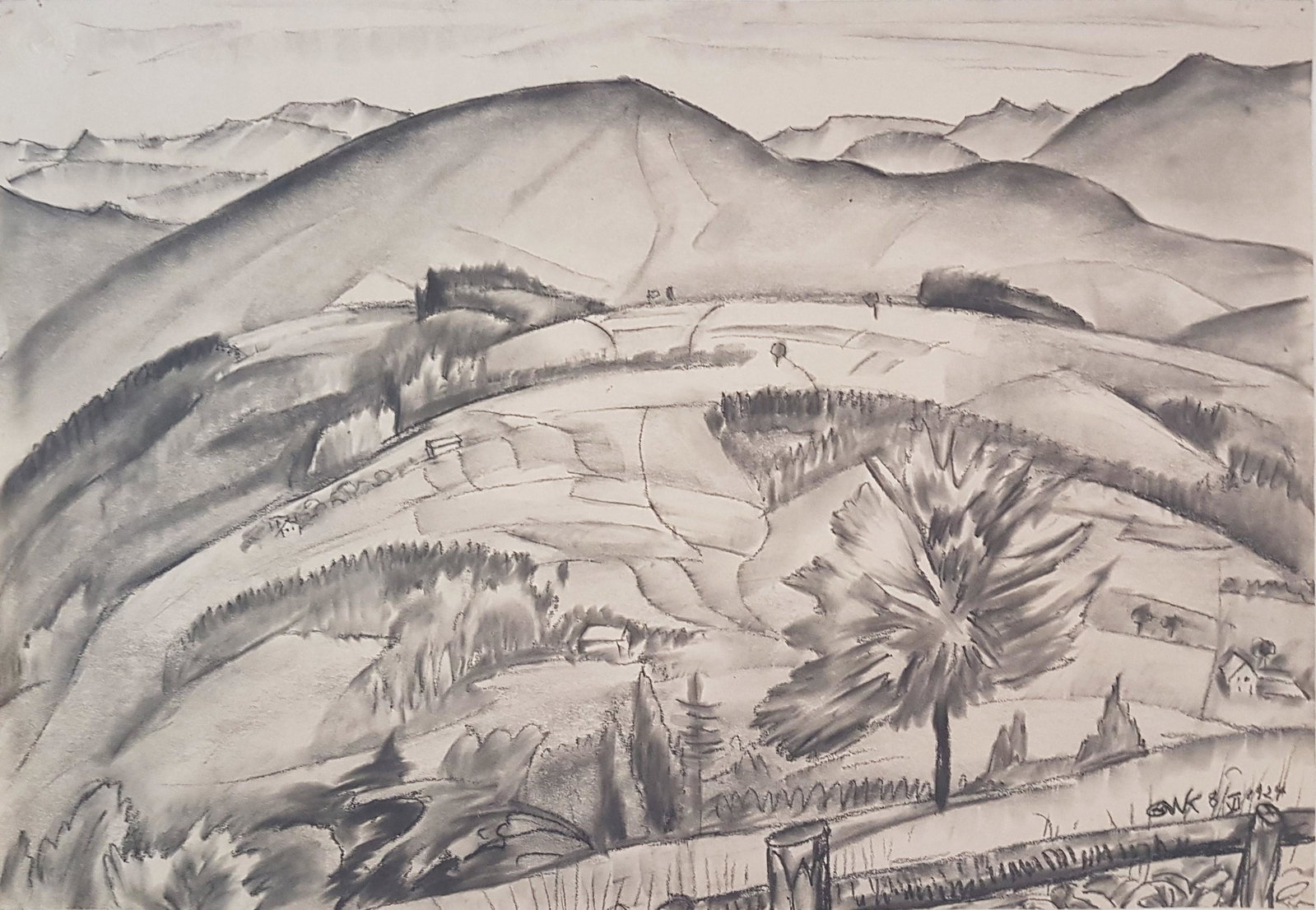 Greta Wolf Krakauer 1890-1970 (Austrian, Israeli) Landscape, 1924 charcoal on cardboard: Greta Wolf Krakauer1890-1970 (Austrian, Israeli)Landscape, 1924charcoal on cardboard36x51 cmsigned and dated lower rightProvenance: Artist's estate, numbered 1051.Other Notes: Location: Israel.For est