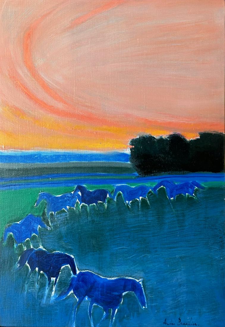 Andre Brasilier b.1929 (French) Les chevaux de Branges, 1996 oil on canva: ** Andre Brasilierb.1929 (French)Les chevaux de Branges, 1996oil on canva73.50x50 cmsigned lower rightProvenance: Private collection ,France.Literature: Xavier de Coulanges, Andr×™ Brasilier, Catal
