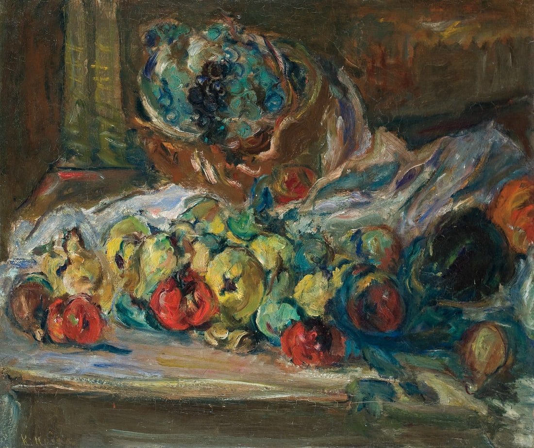 Michel Kikoine 1892-1968 (French) Nature morte aux fruits, 1939-40 oil on canvas: ** Michel Kikoine1892-1968 (French)Nature morte aux fruits, 1939-40oil on canvas54x65 cmsigned lower leftProvenance: Private collection, LondresExhibited: "Soutine and his circle" Crane Kalman gallery