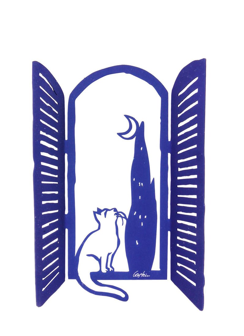 David Gerstein b.1944 (Israeli) Cat in the window painted cut metal: David Gersteinb.1944 (Israeli)Cat in the windowpainted cut metal23x16x4 cmsignedOther Notes: Location: Israel.For estimated delivery time please contact us.Condition report available upon request.