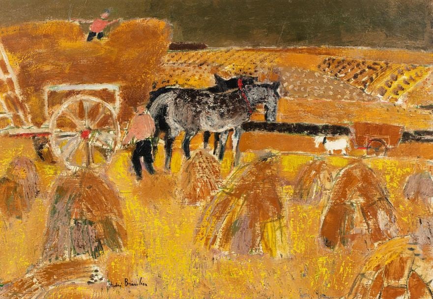 Andre Brasilier b.1929 (French) Les moissons, 1961 oil on canvas: ** Andre Brasilierb.1929 (French)Les moissons, 1961oil on canvas64.50x91.50 cmsigned lower leftOther Notes: Alexis Brasilier has kindly confirmed authenticity of this work.Items marked **with a lot nu