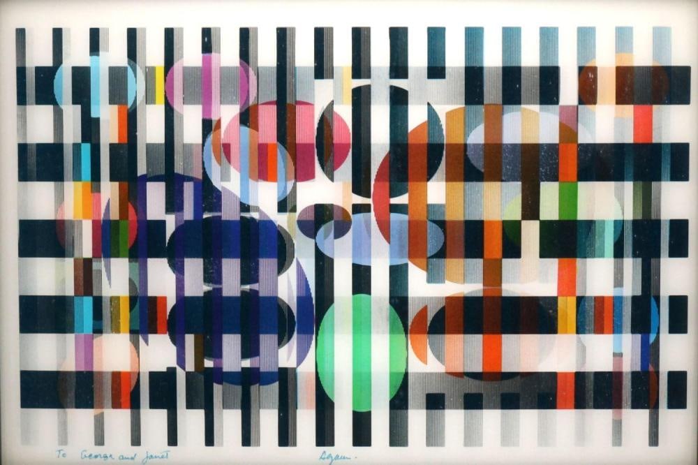 Yaacov Agam b.1928 (Israeli) Untitled Agamograph: ** Yaacov Agamb.1928 (Israeli)UntitledAgamograph27x40 cmsigned lower center, dedication lower leftOther Notes: Items marked **with a lot number indicate they have been imported into Israel.These items