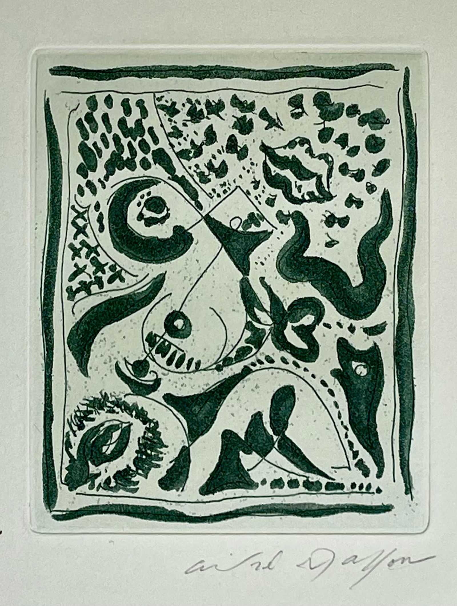 Andre Masson 1896-1987 (French) Untitled etching on velun paper as originally published in Poems by: ** Andre Masson1896-1987 (French)Untitledetching on velun paper as originally published in Poems by Lawrence Saphire, Editions de la Lune Bleue, 197432x22.50 cmsigned lower rightOther Notes: Items mar
