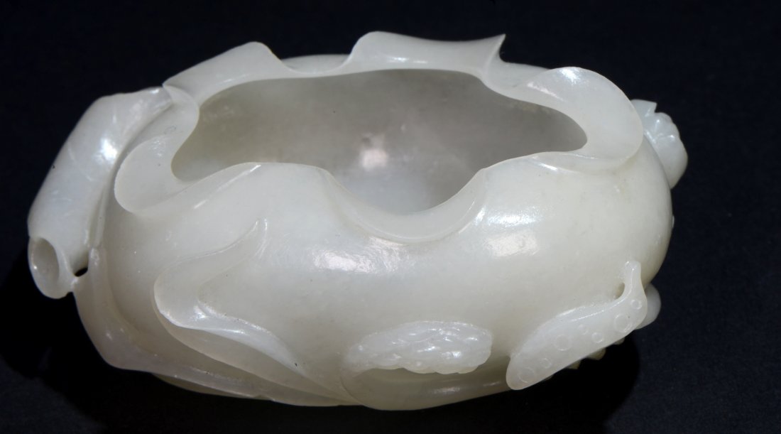 A Chinese Carved White Oval Jade Lotus Brush Washer (1 of 4)