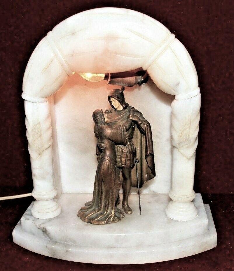 Shakespeare Figurine Knight and Maiden Group, Stage Light, Alabaster Bronze, weighs roughly 17lbs: Shakespeare Figurine Knight and Maiden Group, Stage Light, Alabaster Bronze, weighs roughly 17 pounds, some wear on paint, tiny scratches 11.5"x10.5"x6"