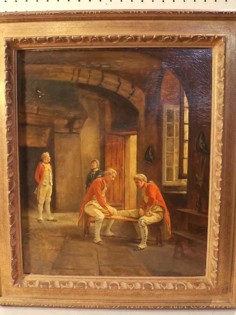 MAURICE BLUM FRENCH PAINTING OF SOLDIERS: Antique French oil painting of uniformed soldiers inside a large manse, playing a board game and chatting with a maid. Signed lower left â€œMaurice Blumâ€. 22 x 18 in, framed 28 x 25 in. Canvas