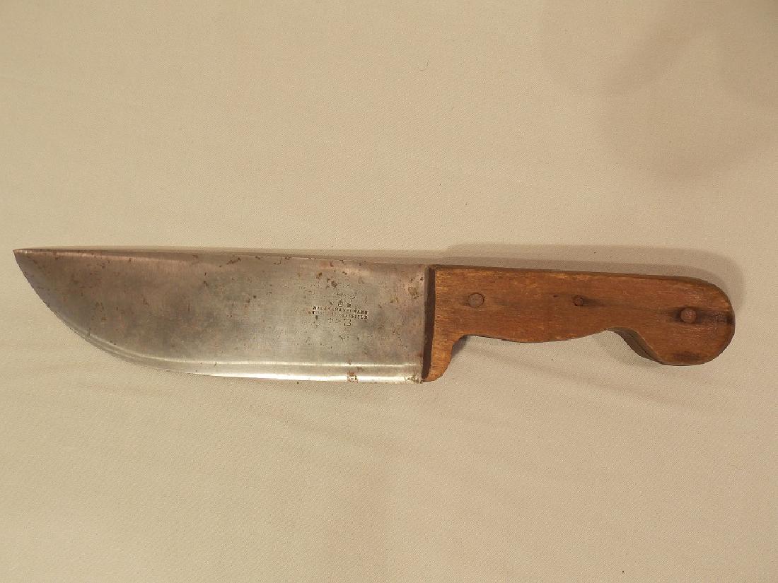 INDIAN TRADE POUND KNIFE: Antique Native American pound knife with Sheffield blade and wood handle. Blade signed Maleham & Yeomans, 13â€ long overall, 2.25â€ wide.