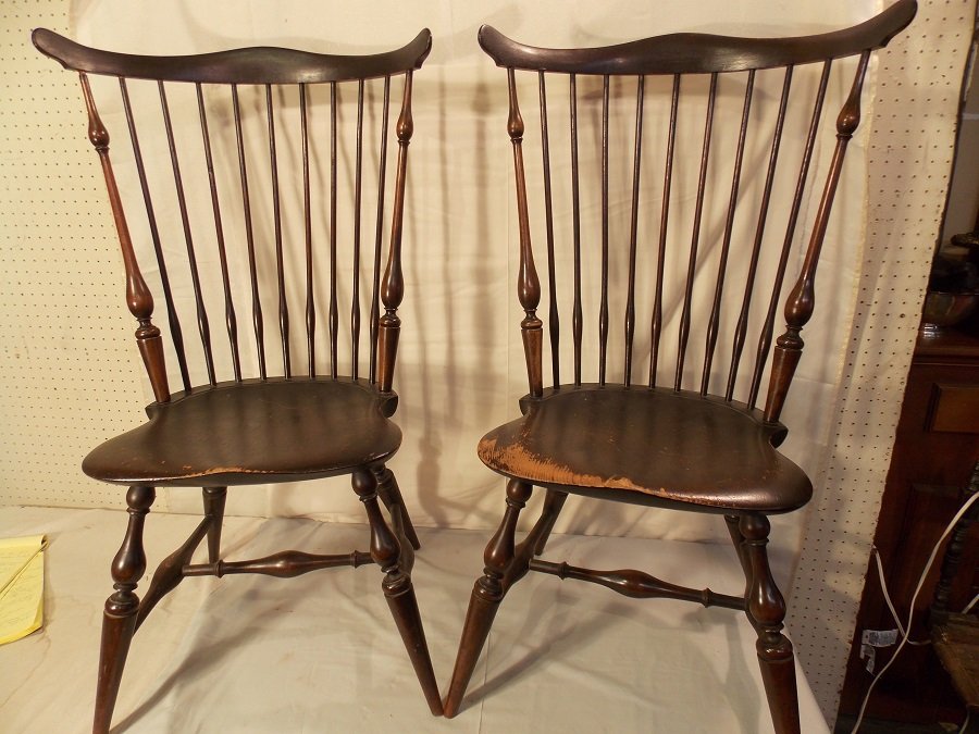 PAIR WALLACE NUTTING WINDSOR CHAIRS: Pair #310 labeled & stamped Wallace Nutting maple windsors with saddle seats. 40 high x 16.25 deep, seat is 17.75 in wide. Good with some wear to seats.