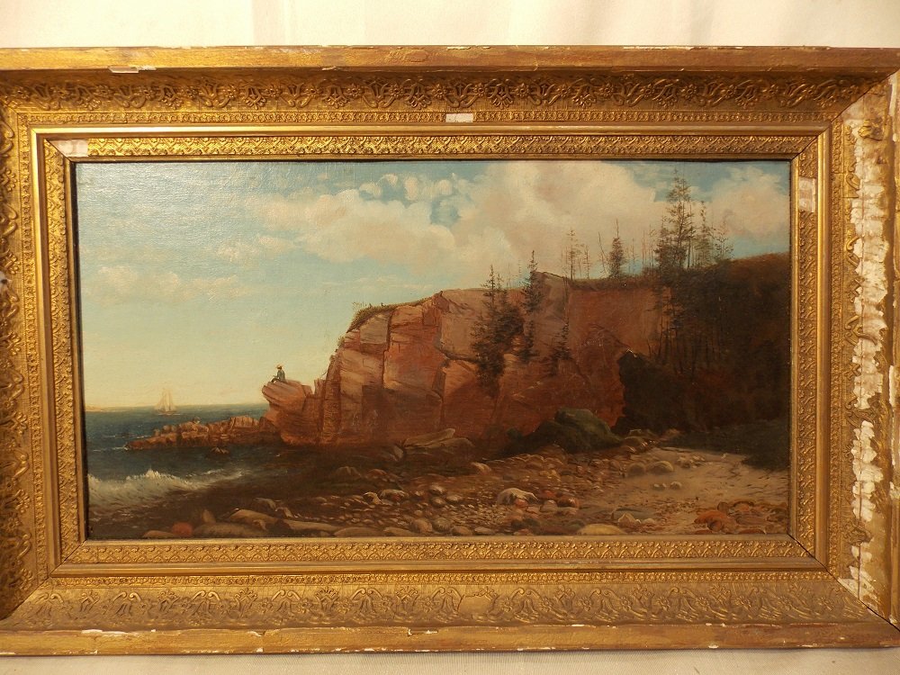 ATTR. HARRISON BIRD BROWN SEASCAPE PAINTING ROCKS: depicting a man sitting on rock jetty by ocean with sailboat. Possibly done by Harrison Bird Brown, a Maine painter 1831-1915. 13 x 24 inches, framed 18.5 x 29.5. Condition: very good, relined.