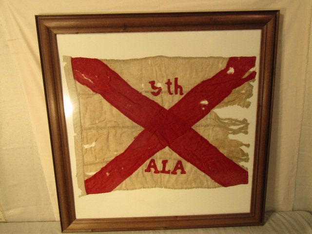 ALABAMA CIVIL WAR ERA BATTLE FLAG: Attributed Civil War era Confederate battle flag with design in red and white for 5th Alabama. Tattered condition. 27 x 23 inches. Framed. Possibly a post Civil War reunion flag??