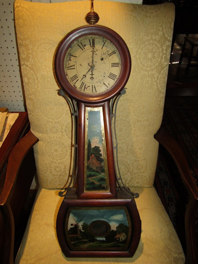 ANTIQUE BANJO CLOCK W/SCENIC GLASS