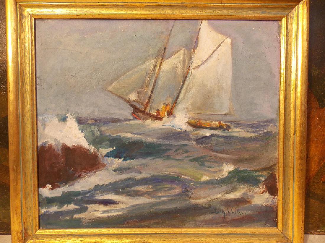 LILLY WALLACE PAINTING SAILBOAT: Oil painting on artist board depicting a sailboat on ocean. Signed Lilly Wallace. 14 x 16 inches.