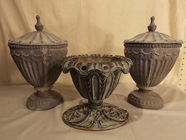3 GARDEN URNS - PAIR LEAD & LEAF CACHE POT (1 of 1)