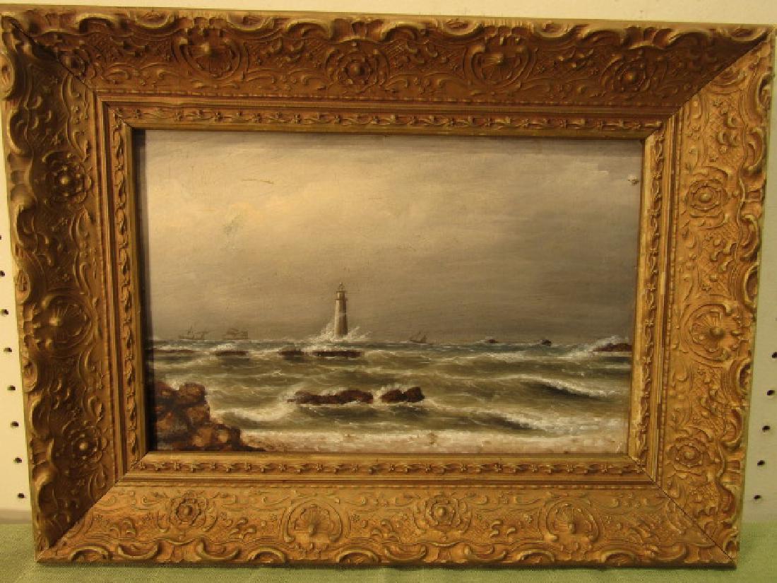 CLEMENT DREW SEASCAPE MINOT LIGHT: Oil on board of a stormy seascape with 3 boats and lighthouse near rocky shore titled verso "Minot's Light from the Shore by Clement Drew 1886. Size: 8 x 12.5 in, overall framed 12 x 16 inches. (Cleme