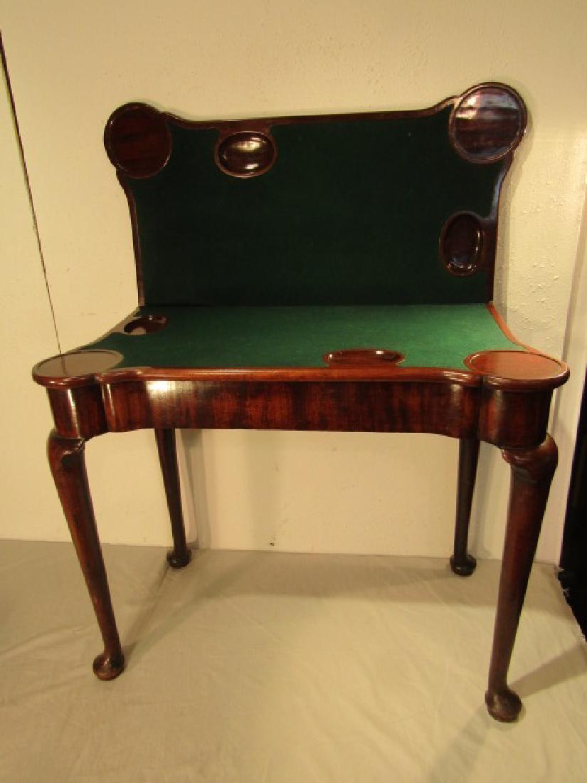18TH C. ENGLISH GAME TABLE: Period Queen Ann mahogany game / card table with porringer top, English circa 1760. 28 high x 35 wide x 17 deep.