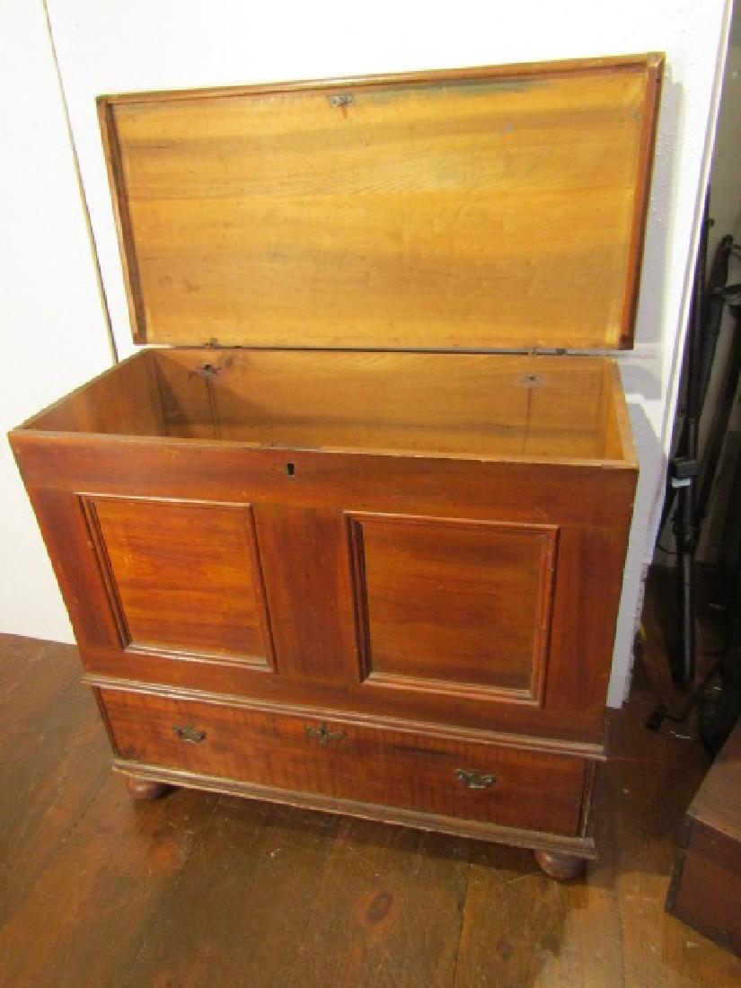 RARE 18TH C. LONG ISLAND BLANKET CHEST: Rare, early Long Island NY country blanket chest with one drawer, lift top, and onion feet. Inside dated 1769. Probably poplar wood. 38 high x 42 wide x 20 deep.