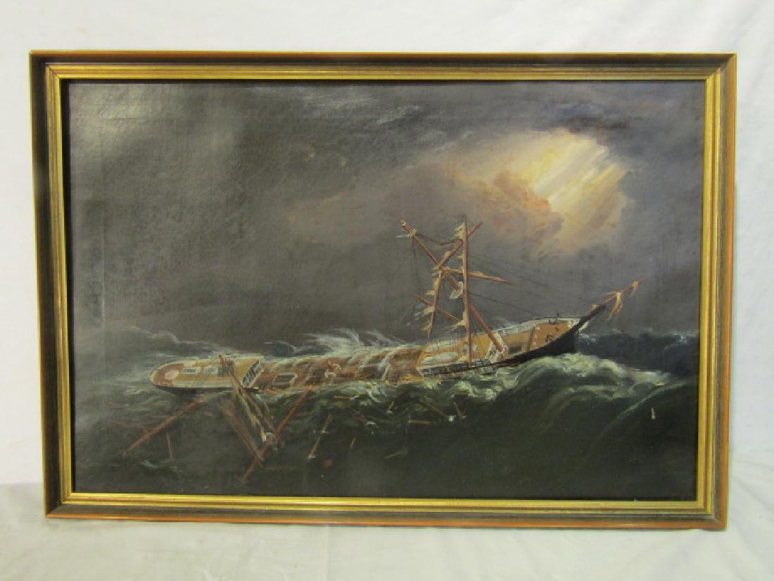 19TH C. SHIPWRECK PAINTING: Antique oil on canvas seascape with dark stormy seas and ship breaking apart. Back states ship is Theres Marshall. 20 x 30 inches, plus 1 in frame.