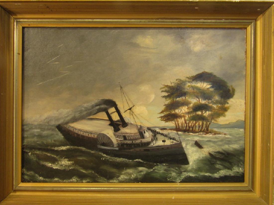 ANTIQUE FOLK ART SHIP PAINTING: 19th century oil on canvas depicting side paddle steam ship listing in rough seas during storm near an island. 14 x 20, framed 18 x 23.5. Unsigned, dated 1885 on stretcher keys verso.