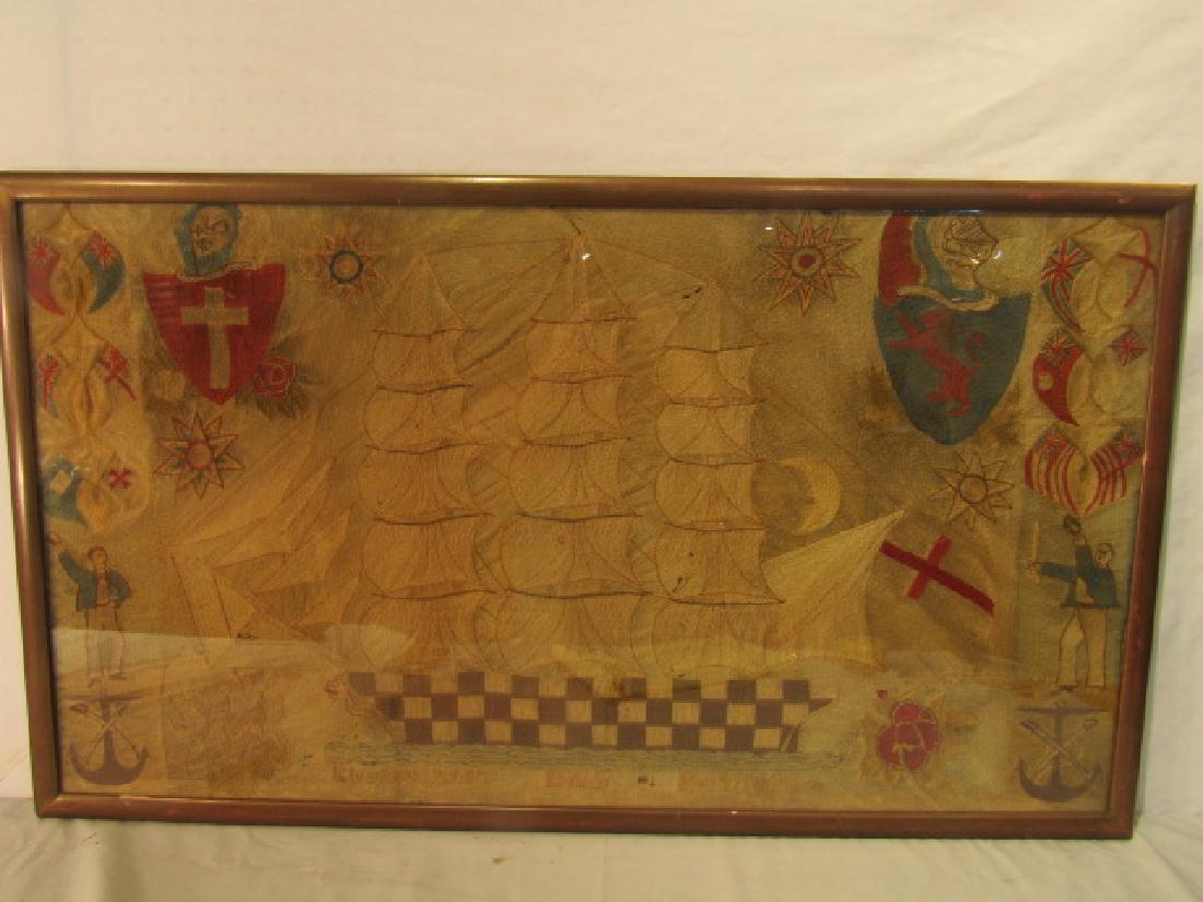 ANTIQUE WOOLWORK BRITISH NAVAL PICTURE: Antique wool embroidered or "woolie" framed picture depicting a large British naval ship, sailors, Briths flags, anchors, etc. Titled "Homeward Bound" with date 1877. 23 x 41 inches plus 1.5 inch wide