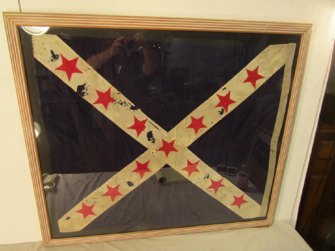 CONFEDERATE REUNION FLAG: Antique Confederate reunion flag with crossed 13 stars and bars. Hand embroidered cotton, 39 x 33 in (framed 45 x 39). Some holes/stains. Can be shipped without frame.