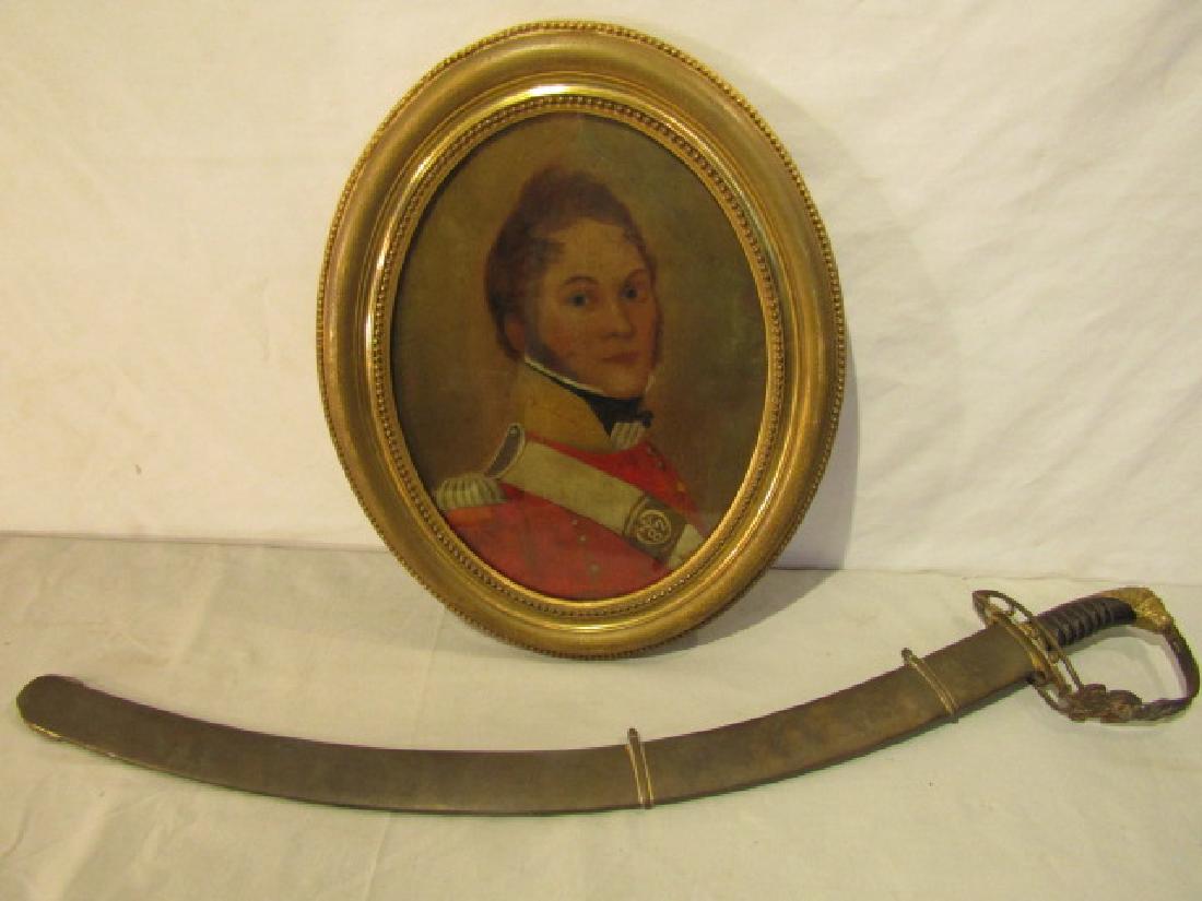WAR 1812 SWORD & BATTEN PAINTING: Lot consisting of a War of 1812 curved sword (saber) that belonged to British officer John Batten signed Wooley, Deakin, and Dutton Warranted. Blade is 28.5 in and overall with original scabbard 33.5 