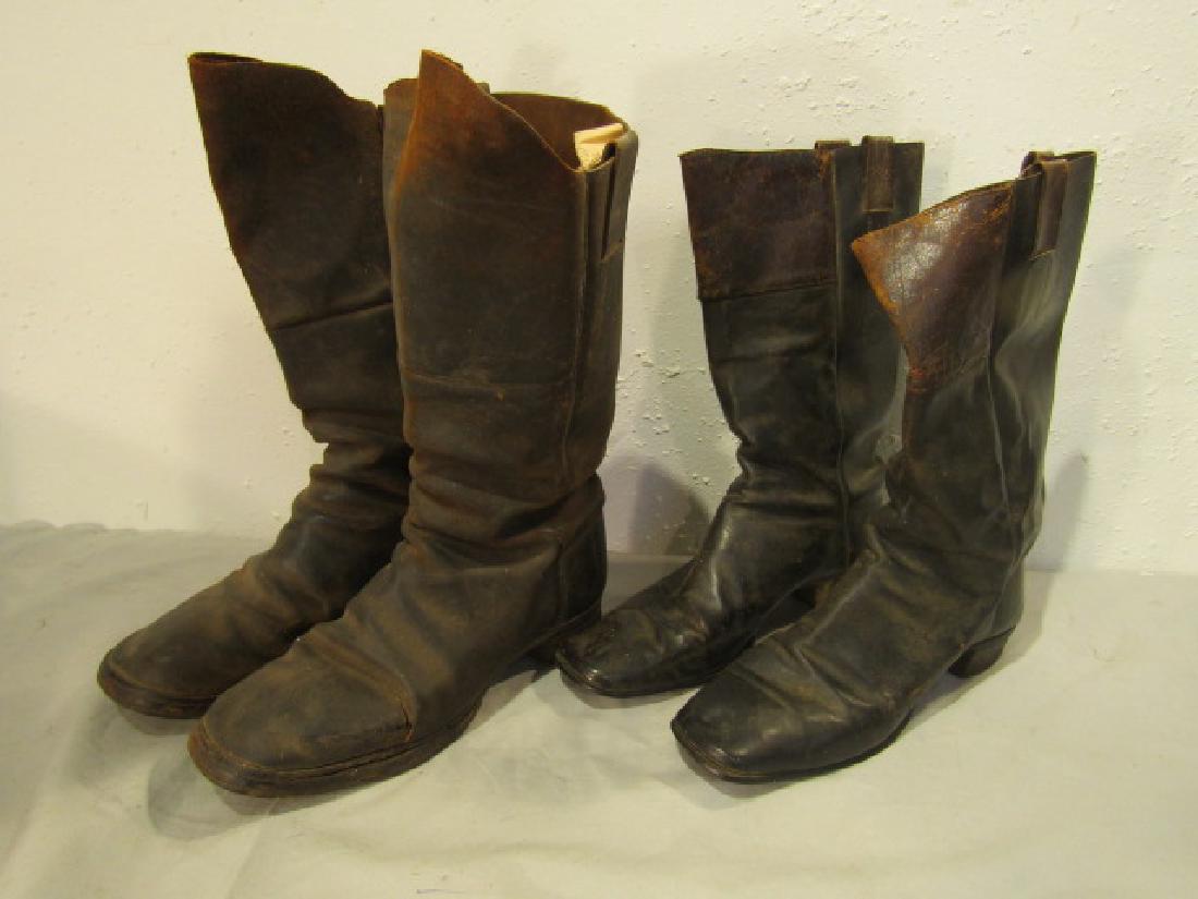2 PAIR CIVIL WAR CAVALRY BOOTS: Lot of 2 pairs of Civil War leather cavalry boots, 15 and 13 in tall. Sizes 10.5 and 11.5 approximately. Smaller set very good condition, larger boots have some tears.